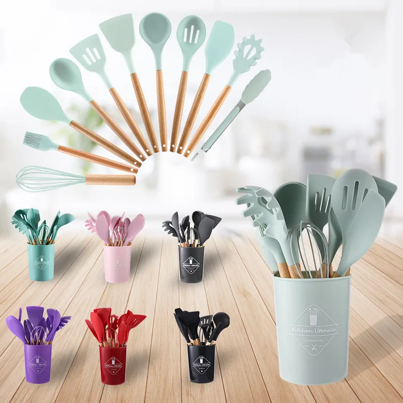 

Kitchen Utensils Set 12 Pieces of Silicone Cooking Set Wooden Handle Heat Resistant Non-stick Kitchen Gadget with Holder Box