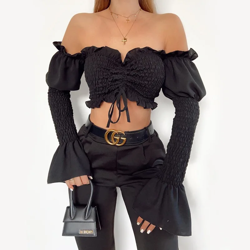

2020 new arrivals autumn collection women fashion design long sleeve ruched off shoulder ladies crop top