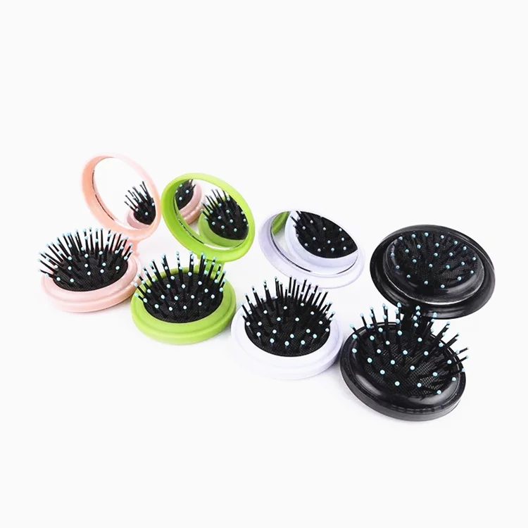 

Custom Logo Round Kid Small Hair Brush Smooth Pocket Folding Detangling Portable Hairbrush With A Mirror, Customized color accepted