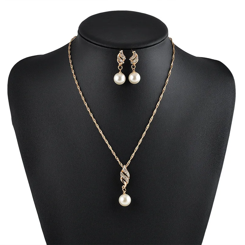 

Bridal wedding jewelry fashion charm simple pearl crystal twist chain earrings necklaces jewelry set wholesale, 2 colors