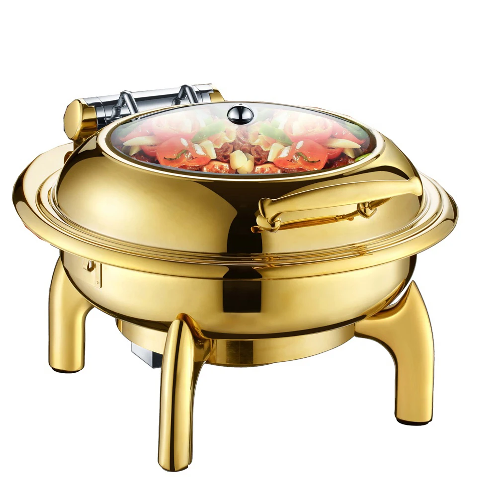 

Catering Roll Top Chaffing Plated Food Warmer With Window Buffet Furnace Golden Color Brass 9l Shaffing Dish Gold Chafing Dish