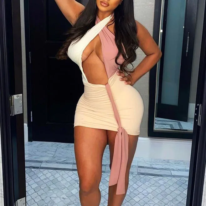 

FS3450D Summer girl color contrast halter neck sexy short bandage Sheath dress