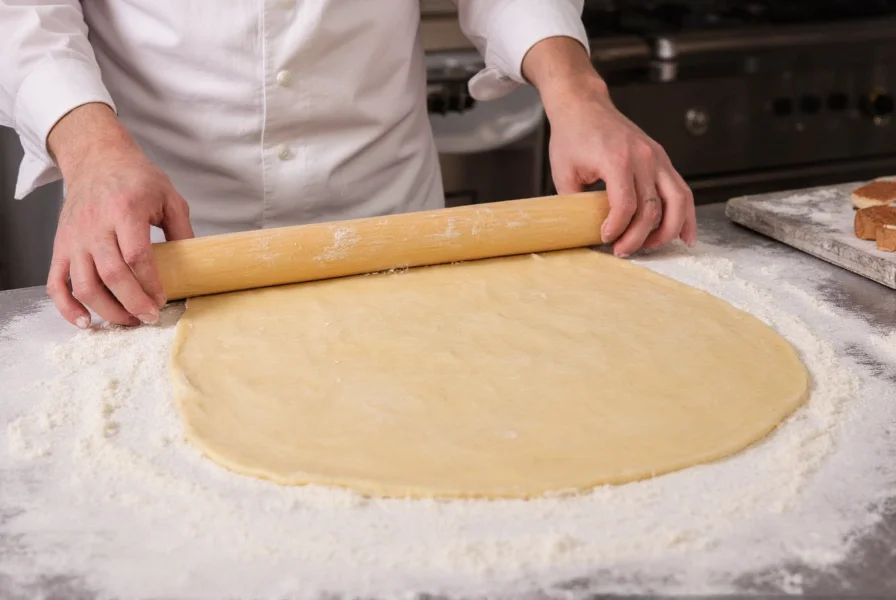 Professional baker rolling out cinnamon roll dough to perfect 1/4 inch thickness on floured surface