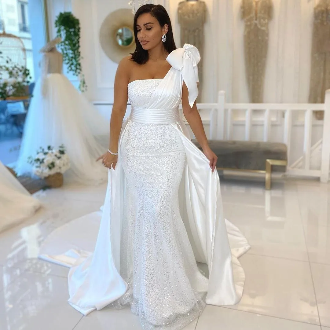 

ON452 One Shoulder White Mermaid Wedding Dresses With Bow Satin And Sequined Overskirt Wedding Gowns Ribbons Bridal, Default or custom