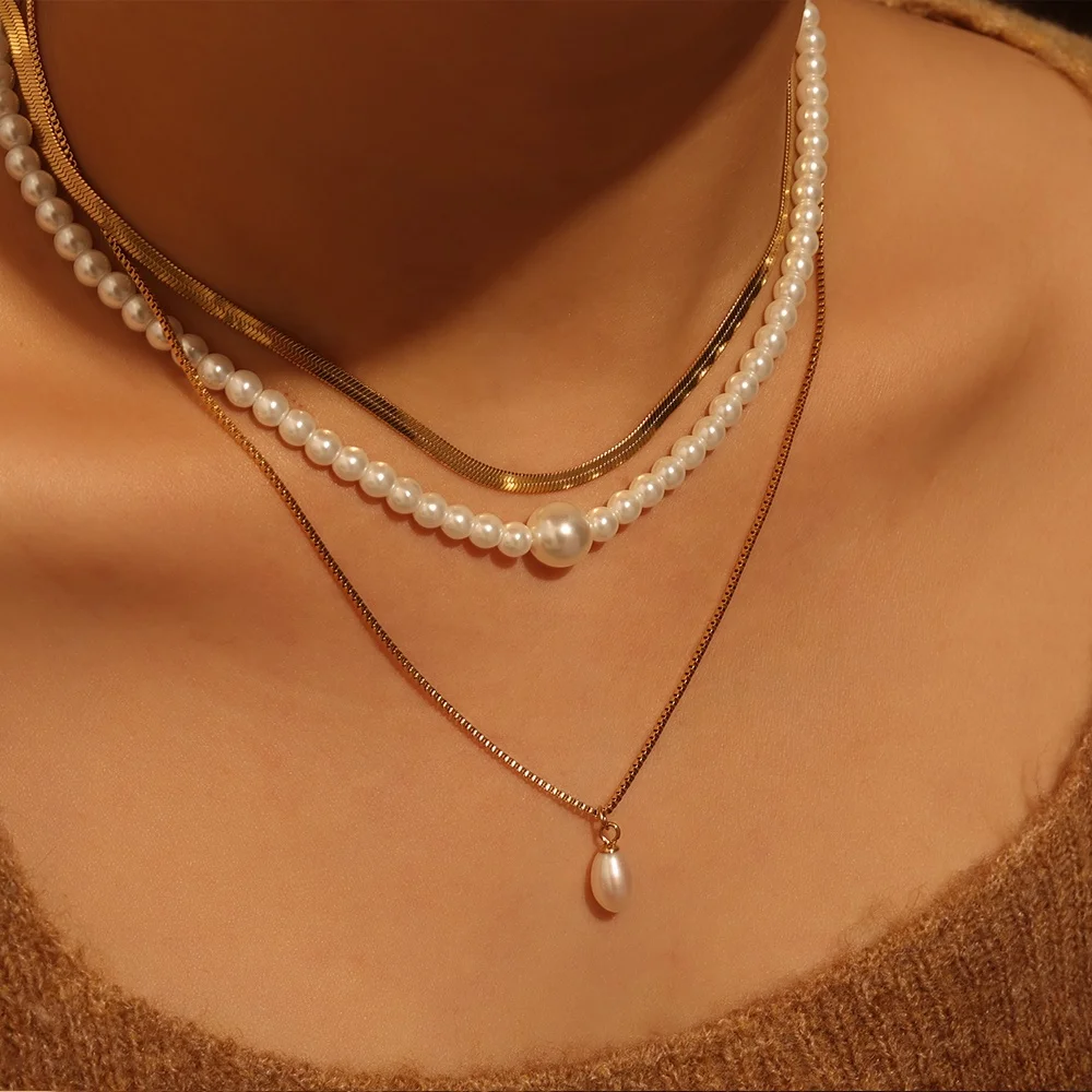 

Minimalist New Fashion Pearl Layered Necklace 18K PVD Gold Accessories Jewelry Waterproof Tarnish Free Pearl Choker Necklace