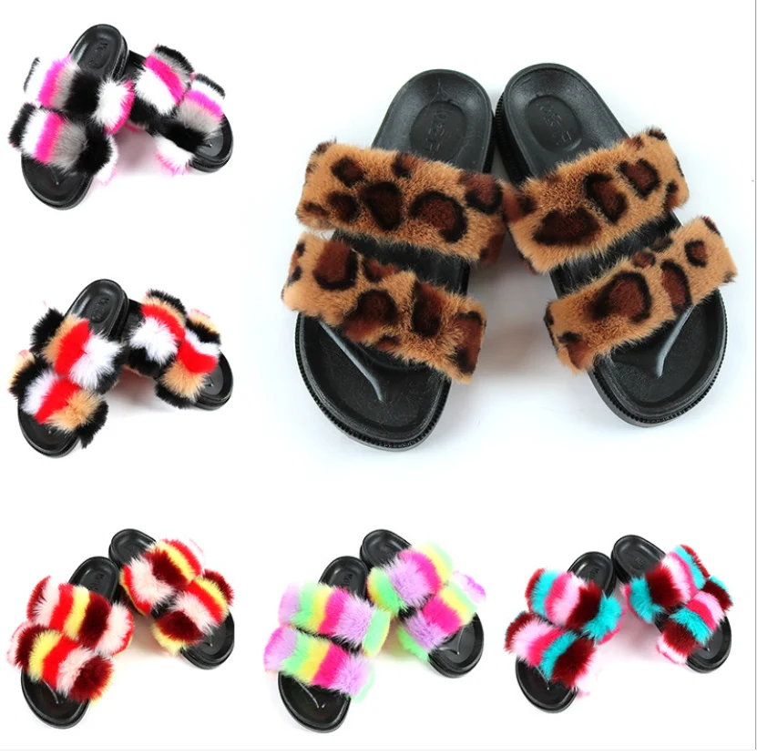 

2020 hot Fox Fur Slippers faux fur slide sandals Custom Women Fashion two band strap Fur Slides, As per customer's request