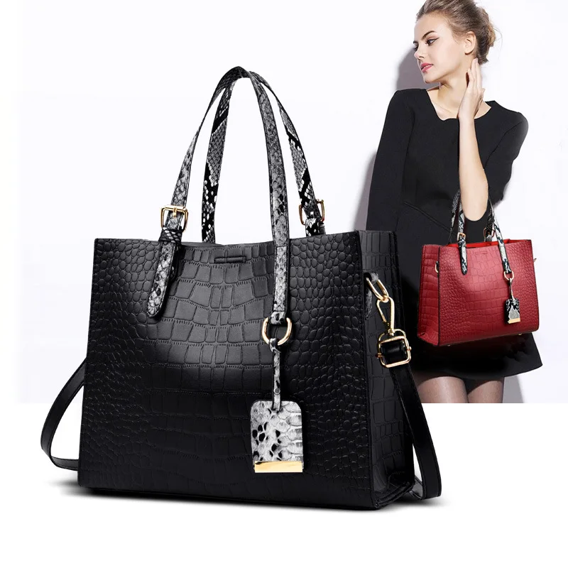 

High quality new crocodile large capacity single shoulder diagonal fashion luxury leather women wild top handle handbag