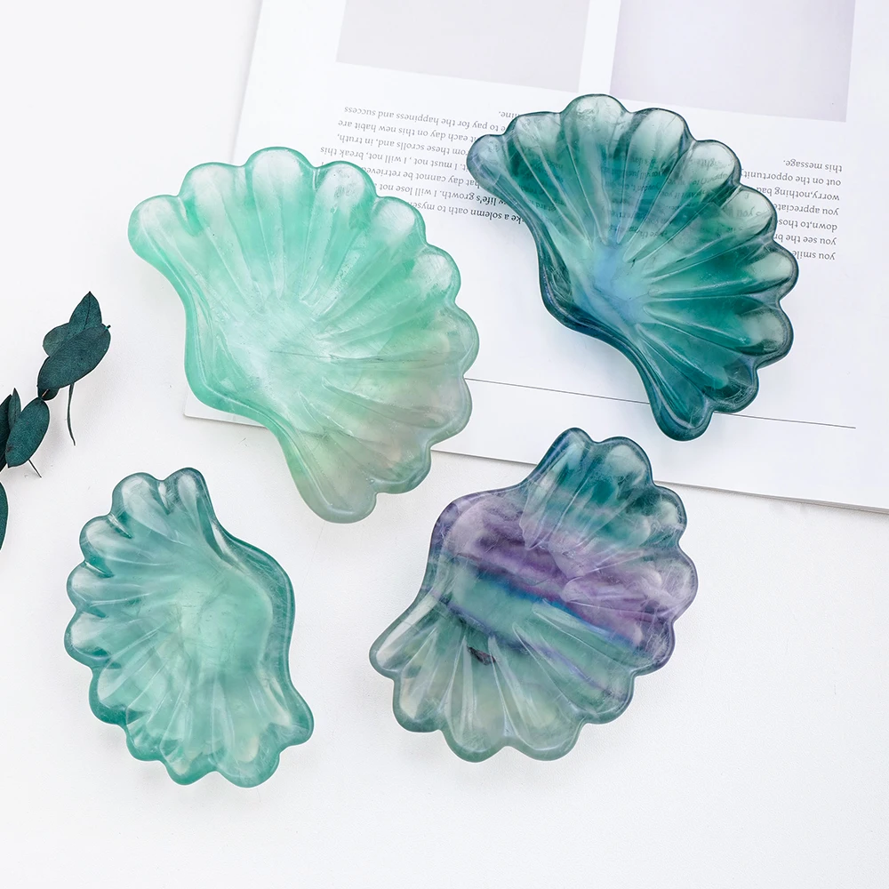 

Wholesale Natural Crystal Bowl Green Fluorite Carved Shell bowl healing Energy Colorful Fluorite Bowl For Home Decoration