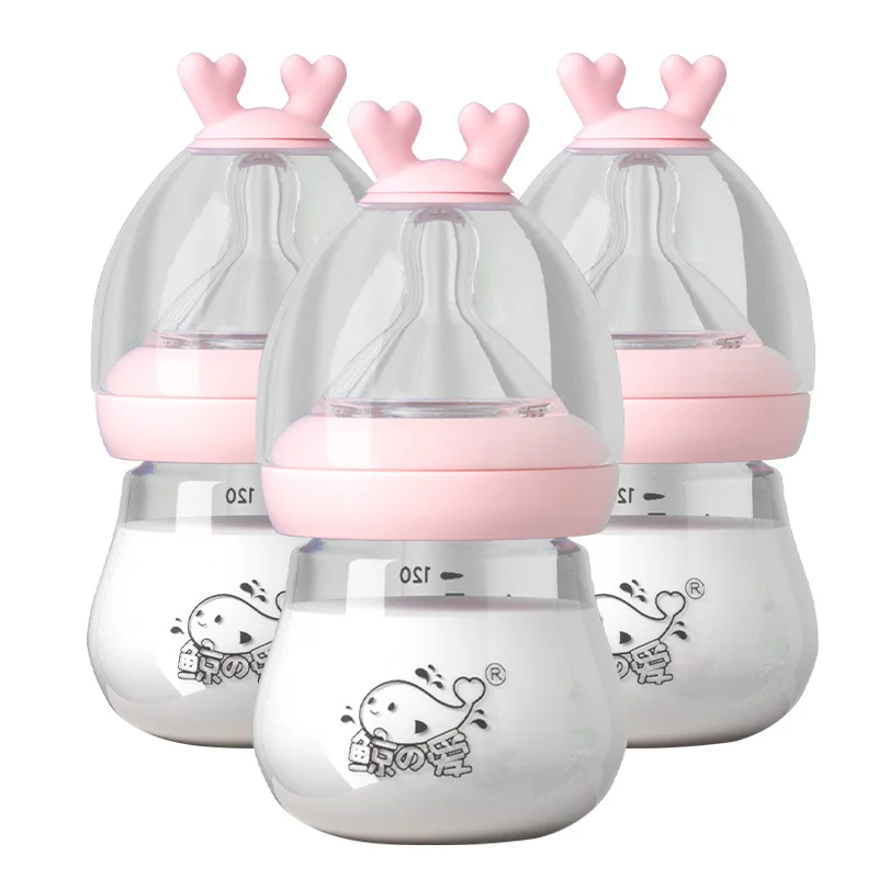 

120ml baby feeding milk glass bottle BPA Free baby bottles with silicone nipple, Pink