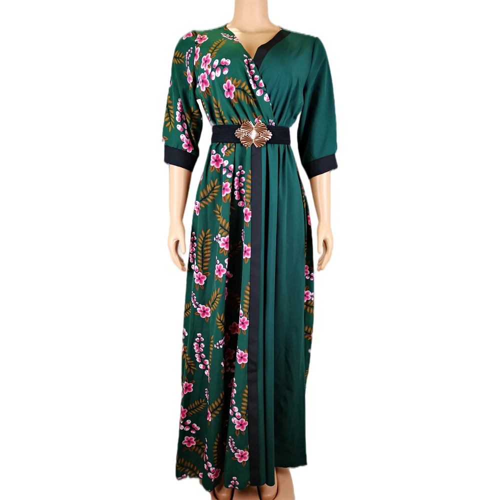 

Vintage V neck Three Quarter Sleeve high waist Big Swing Long Vestidos Casual Dresses Robe Floral Print Women Boho Maxi Dress, Customized color