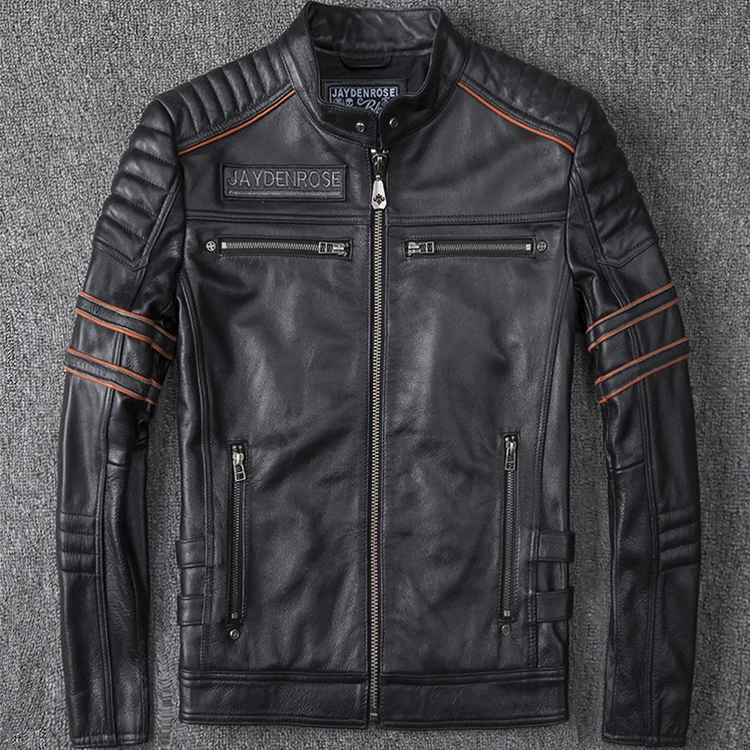 

High Quality Stand Collar Cowhide Jacket 100% Genuine Cow Leather jacket For Men, Black