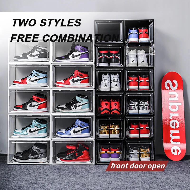 

wholesale custom rack folding transparent drop front acrylic packaging stackable plastic clear storage shoe box with custom logo, Customized