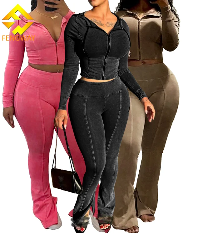2024 Women Vintage Washed Tracksuit 2 Piece Sets Fall Winter Hooded Outfits Casual Zip up Top + Flare Pants Sets for Women
