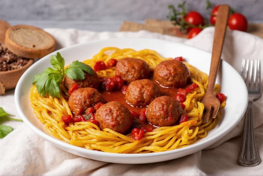 Close-up of homemade albondigas with sauce dripping