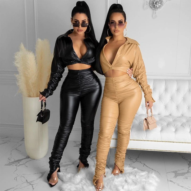 

HT Pu Coated Crop Ruched Legging Slit Pants 2 Pieces Set 2021 Spring Women V Neck Stacked Long Sleeve Tracksuit Outfits, Picture show