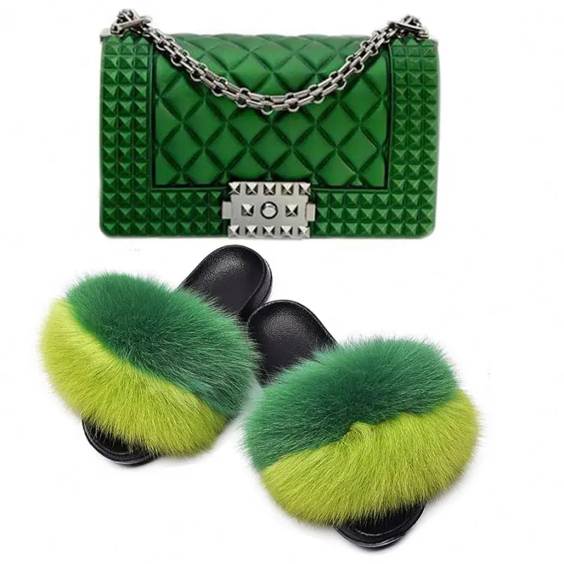 

Custom Women Fashion jelly purse and fur slides sets fur slides with purse set