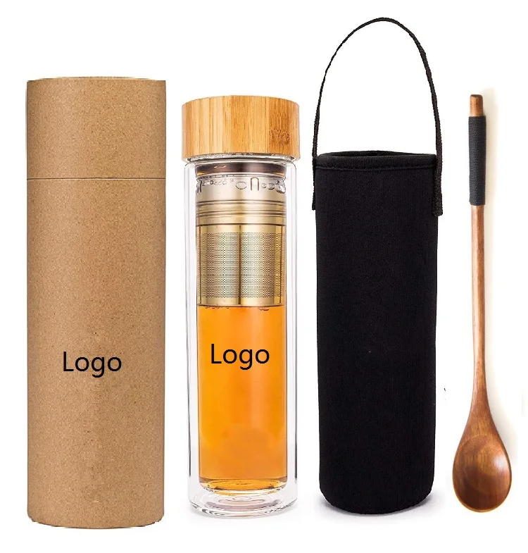 

15oz 450ml Bamboo Lid Travel Mug with Strainer Tea Infuser Bottle Glass Tea Tumbler for Tea Coffee Fruit Infusions, Clear transparent