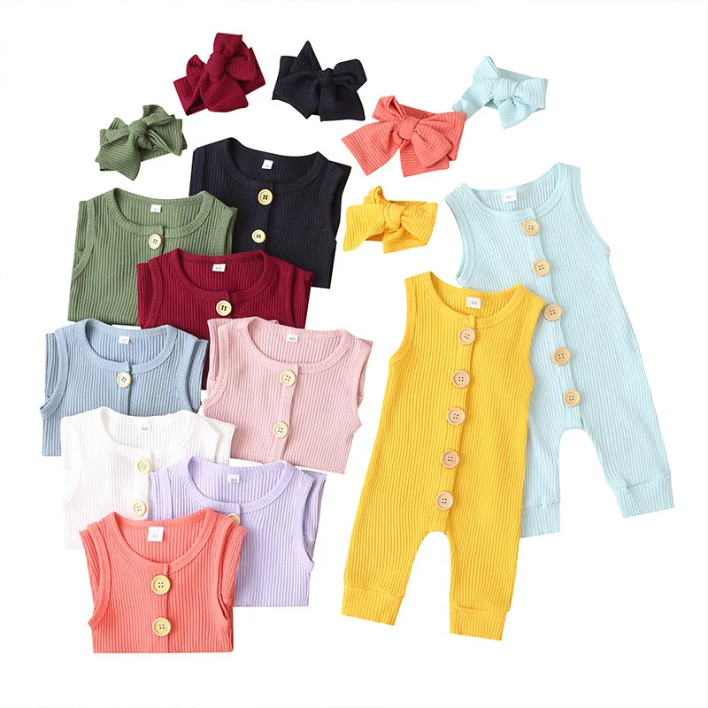 

2021 new summer headband sleeveless jumpsuit pure color single breasted crawling suit baby rompers for wholesale, As pic shows, we can according to your request also