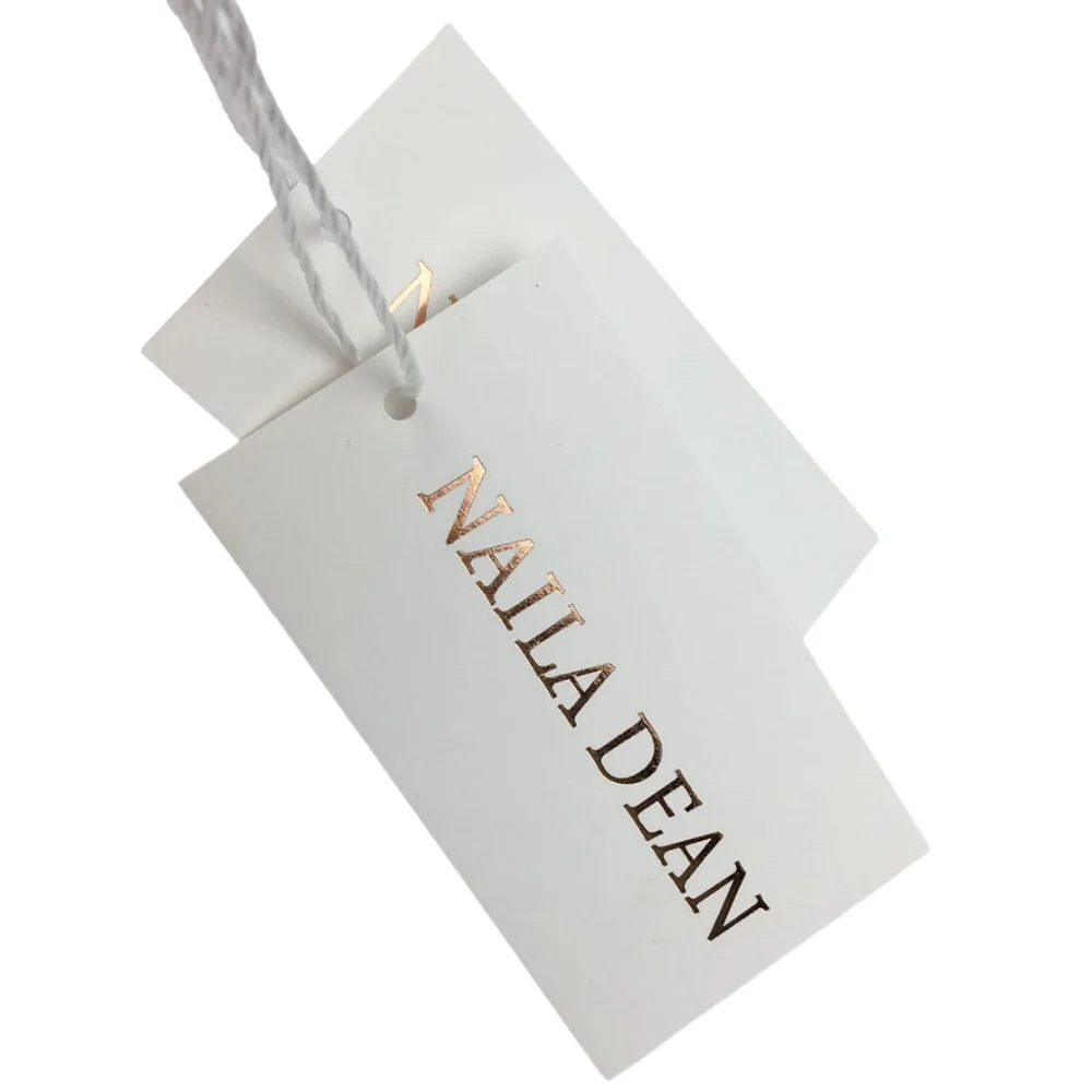 

customized eco friendly recycled natural clothes swimwear pakaian kertas white seed foil gold logo paper hang swing tag