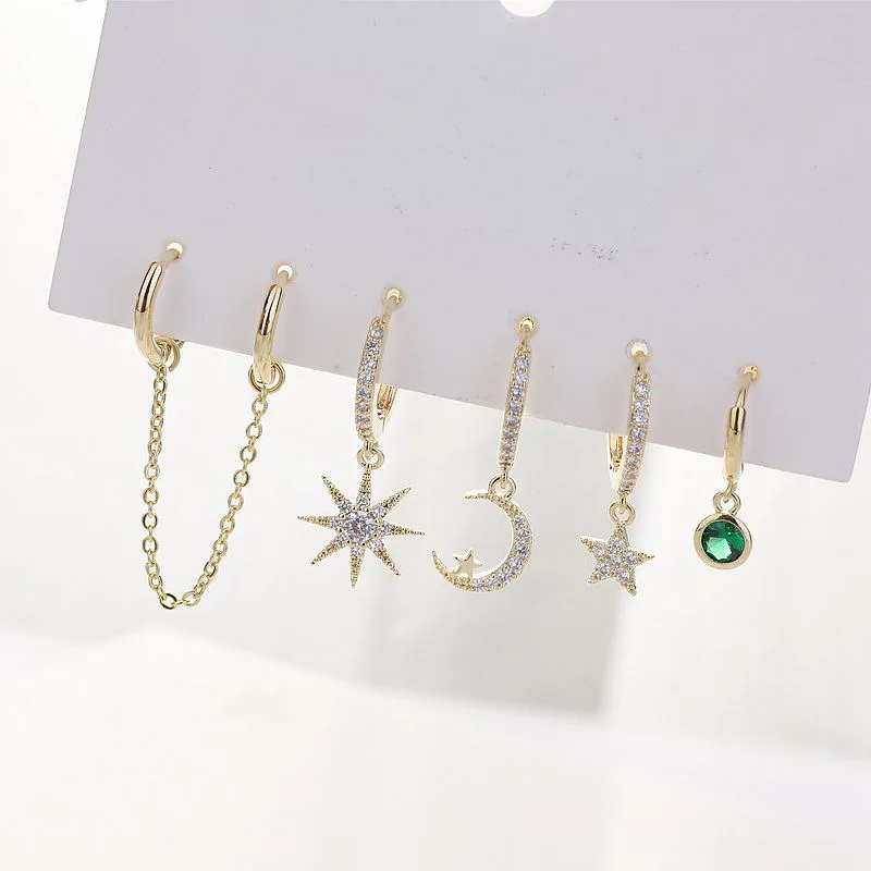 

New Set Cute Star And Moon Small Hoop Earrings Sets Crystal Long Gold Chain Earrings For Women Fashion Jewelry Gift 2021 aretes
