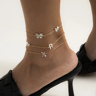 

Hot Sale Gold Plating 3Pcs Micro Pave Diamond CZ Initial Letter Anklet Bracelet Layered Crystal Butterfly Anklet Set Girls