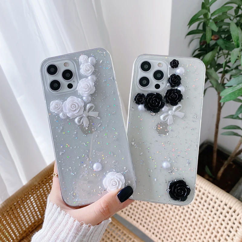 

Shiny Black and White 3D Flower Phone Cover Casing iPhone for iPhone 12