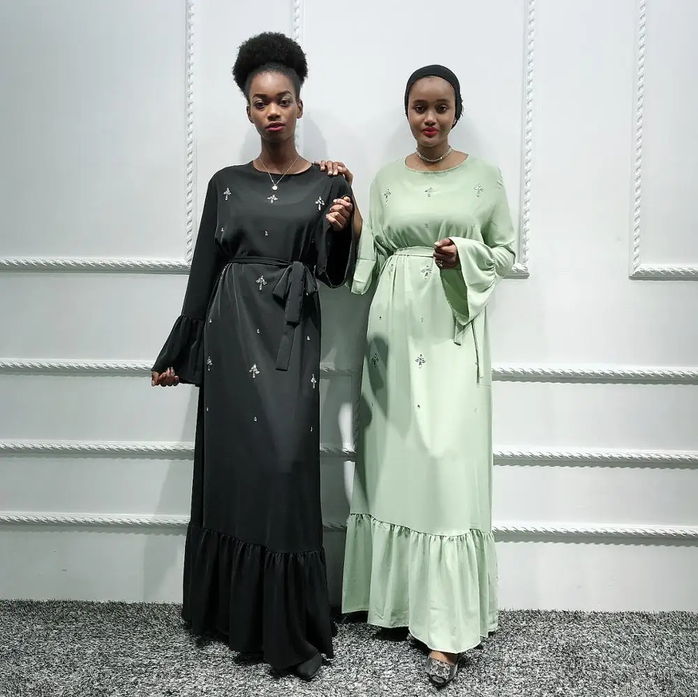 

Latest Maxi Dress Abaya Islamic Dubai Turkey Women Abaya Kaftan Dress with Flounce Detail High Quality Turkey Khimar Maxi Dress, Mint green