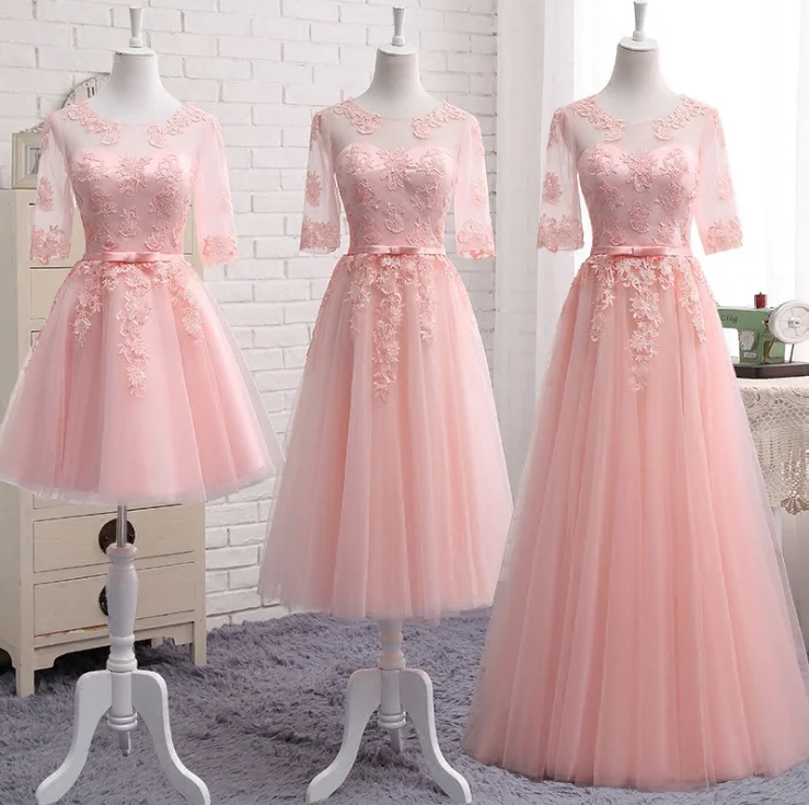 

CL1125A middle sleeve lace dresses embroidered bridesmaid dress lady prom dress, Pink/champine/grey