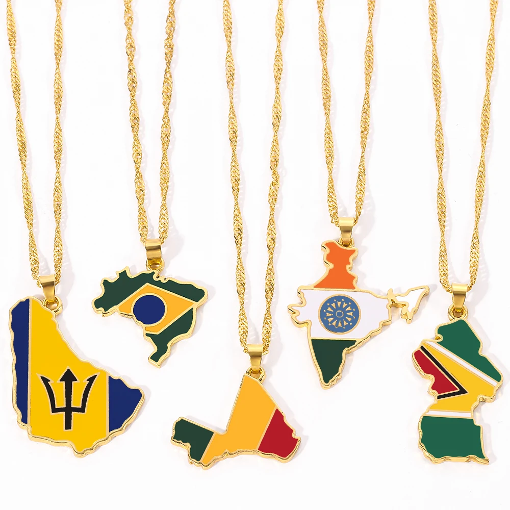 

NEW Country Map Flag Necklace India, Barbados, Guyana, Republic of Mali, Brazil Map Necklace Pendant Chain Man Jewelry, Gold