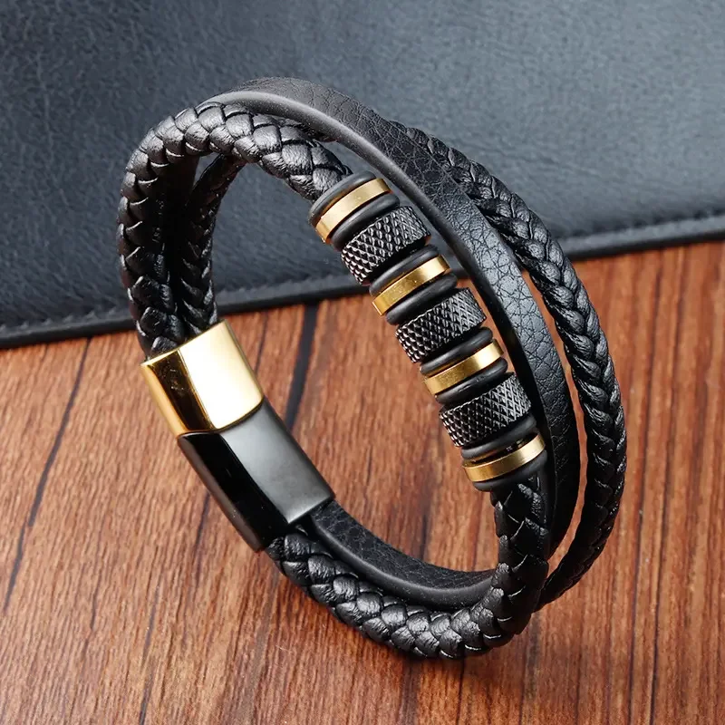 

Stainless Steel Italian Magnet Multilayer Genuine Leather Cuff Bracelet Gold Plated Woven String Charm Bracelet Sets Men