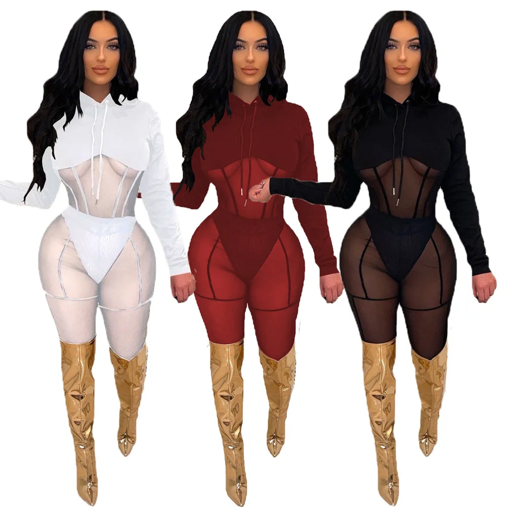 

2022 New Spring Sexy Mesh See Through 2 Piece Set Women Clothing Patchwork Hoodie And Mesh Pants Set