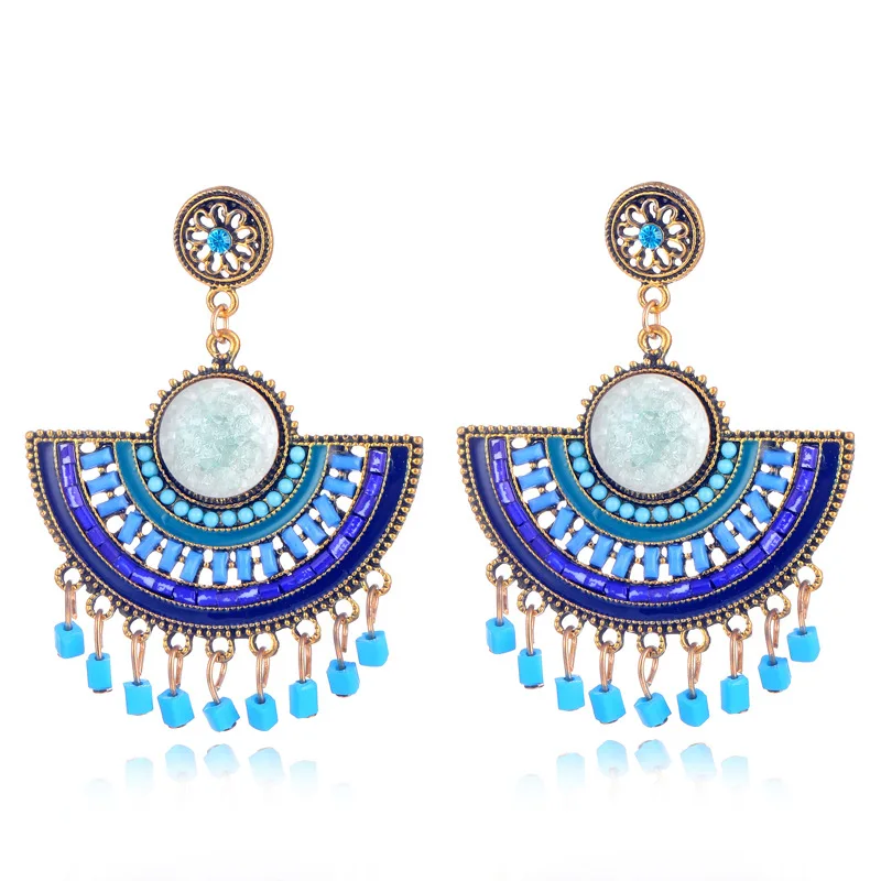 

JUHU New blue retro Bohemia ethnic tassel measle and alloy ear buckle simple earrings classic metal alloy jewelry for women, Golden sliver