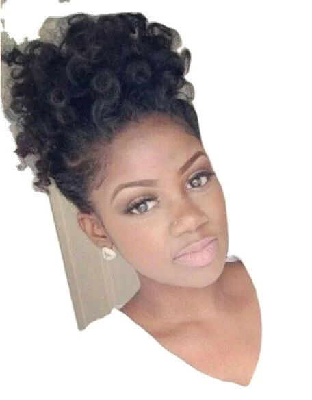 

Short high puff updo women pony tail human hair extension hairpiece wraps drawstring kinky curly ponytail clip in