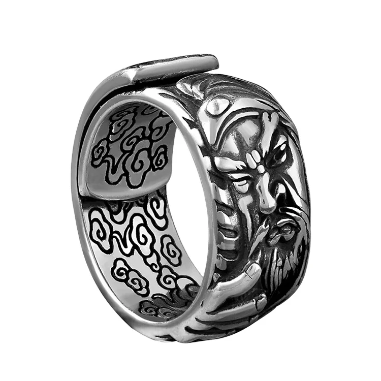 

Certified 99 Pure Silver Guan Gong Ring Sterling Silver Men's Martial Arts Ring Live Mouth Adjustable Trendy Male Personality