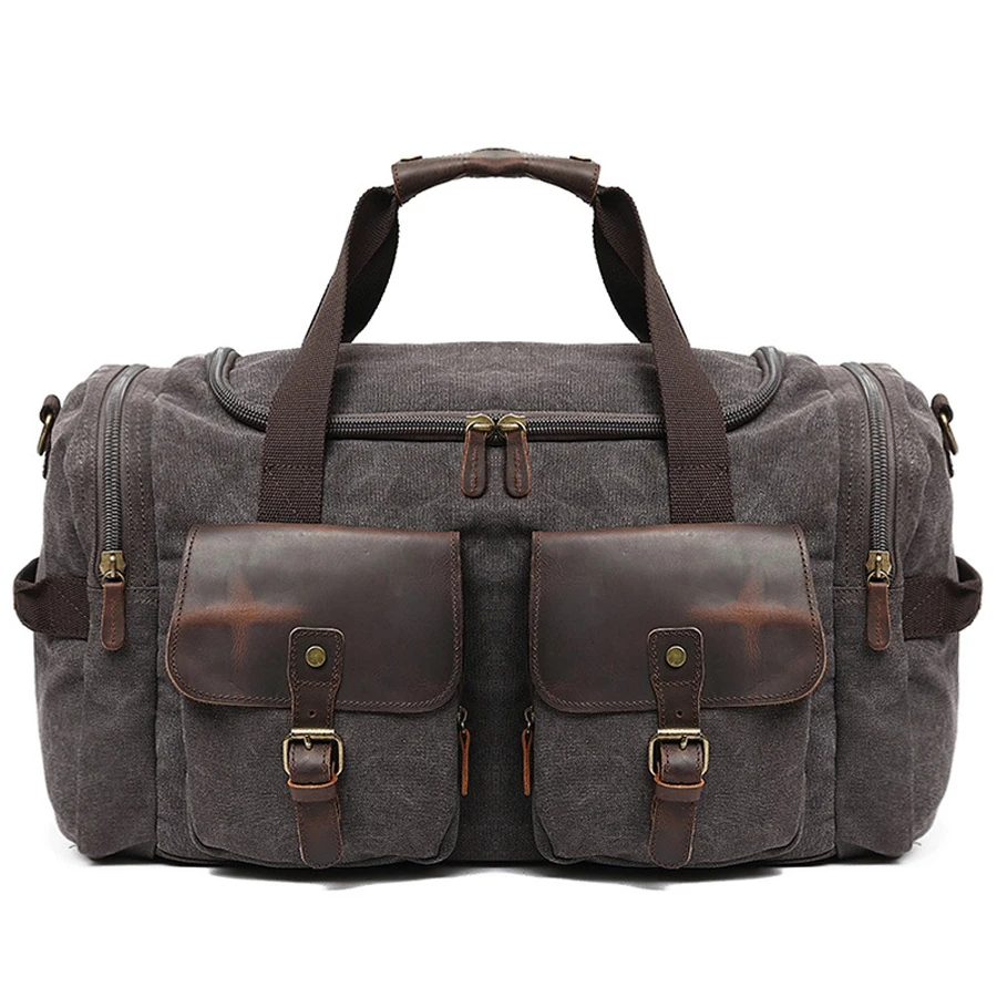 

In Stock Large Capacity Canvas Duffle bag Genuine leather Shoulder Travel Bags Overnight weekender bag, Customized