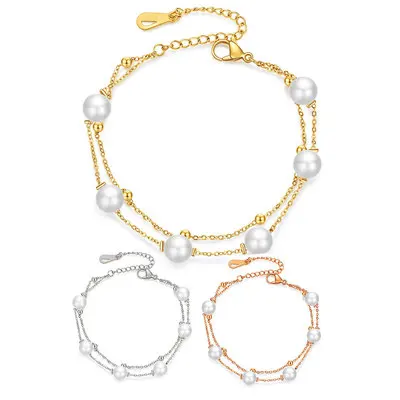 

Wholesale Fashion Pearl Double-layer Chain Bracelet Simple Ins Style Stainless Steel Bracelet for Women, Gold silver