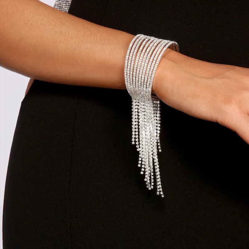 

Exaggerated Long Tassel Diamond Bangles Bracelet Hip Hop Dubai Gold Plated Jewelry Diamond Cuff Bracelet for Club, Party, Gold/silver