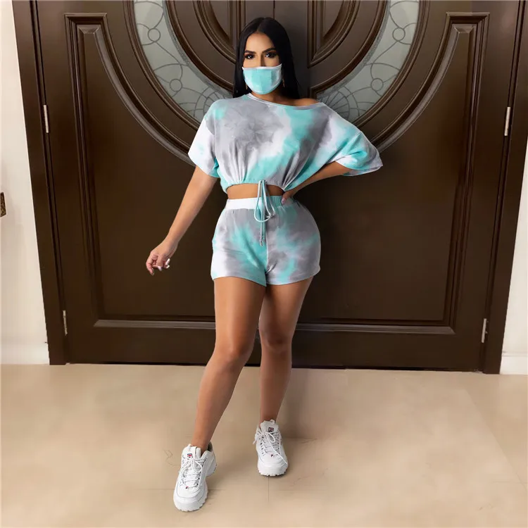 

Tie-dyed round neck casual fashion home sports shorts suit with mask, Customized color/as show