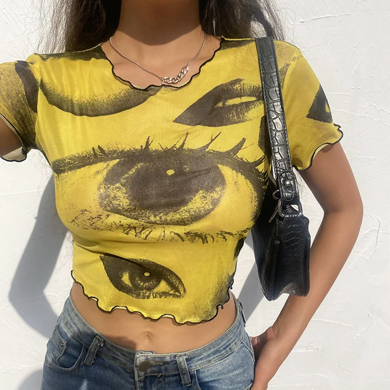 

H7520 - sexy fashion mesh short sleeve printed women's t-shirt