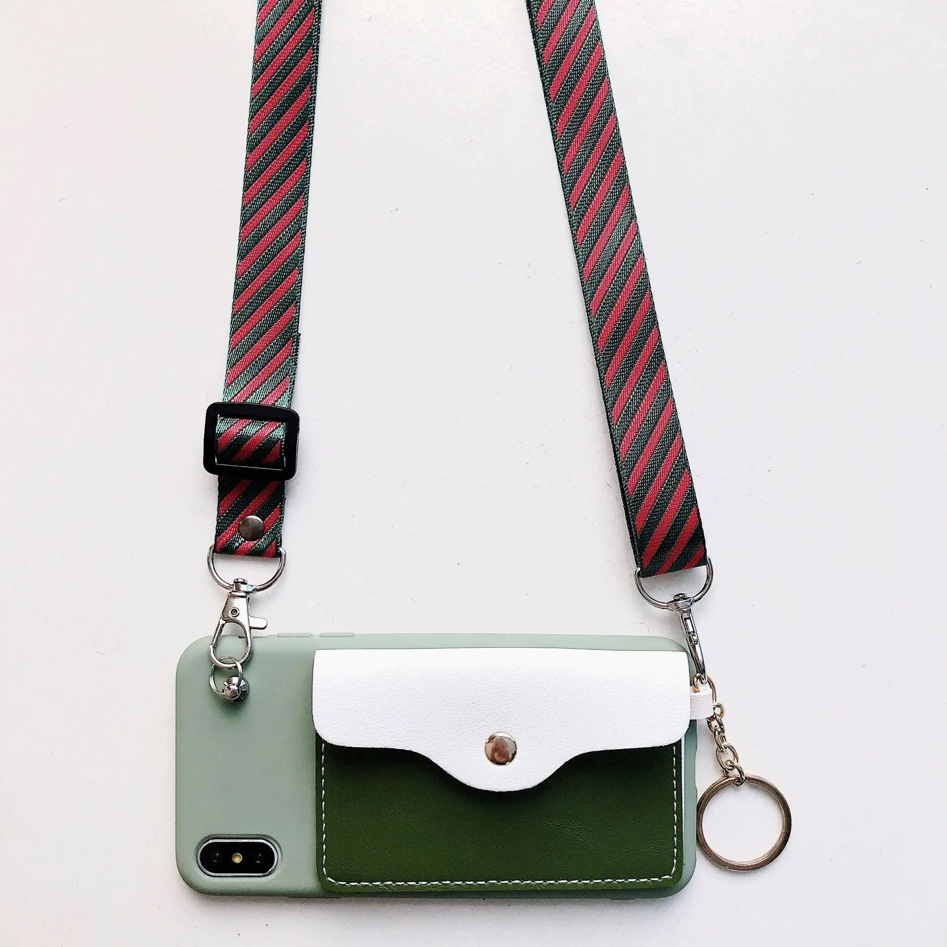 

PHT-012 Fashion Wallet Mobile Phone Case Soft Shell Color Stitching Card Holder Lanyard Phone Cover with Strip Shoulder Strap, Multi-colors
