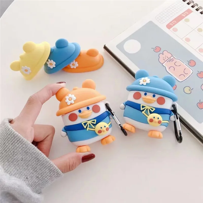 

3D Soft Silicon Duck with Hat Earphone Protective Case Holder Cute Case Cover Silicone Designers for Airpod 2 for Airpods Pro