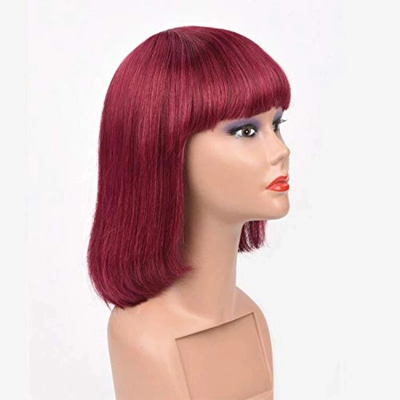 

Miluo 2020 Hot Selling Red Colored Middle-Length Brazilian Human Hair Bob Wigs Straight Fringe Wig With Bangs For Black Women