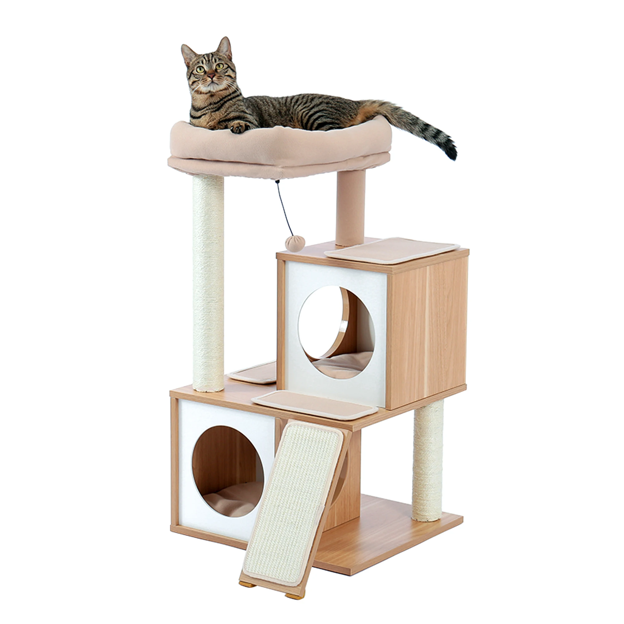 

Cat Tree Multi-Level Cat Tower Furniture with Spacious Perch, Fully Wrapped Sisal Scratching Posts and Replaceable Dangling Ball, Beige