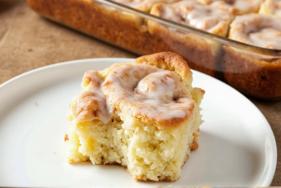 Finished cinnamon roll poke cake with cream cheese frosting drizzle