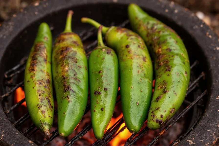 Jalapeño peppers being roasted over an open flame with char marks developing on the skin