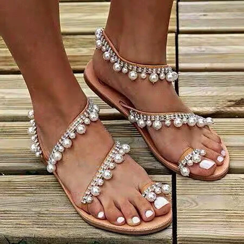 

2021 Summer Women's Flat Bottom Pearl Decorative Sandals Pu Fabric Comfortable And Breathable Fashion Women's Sandals