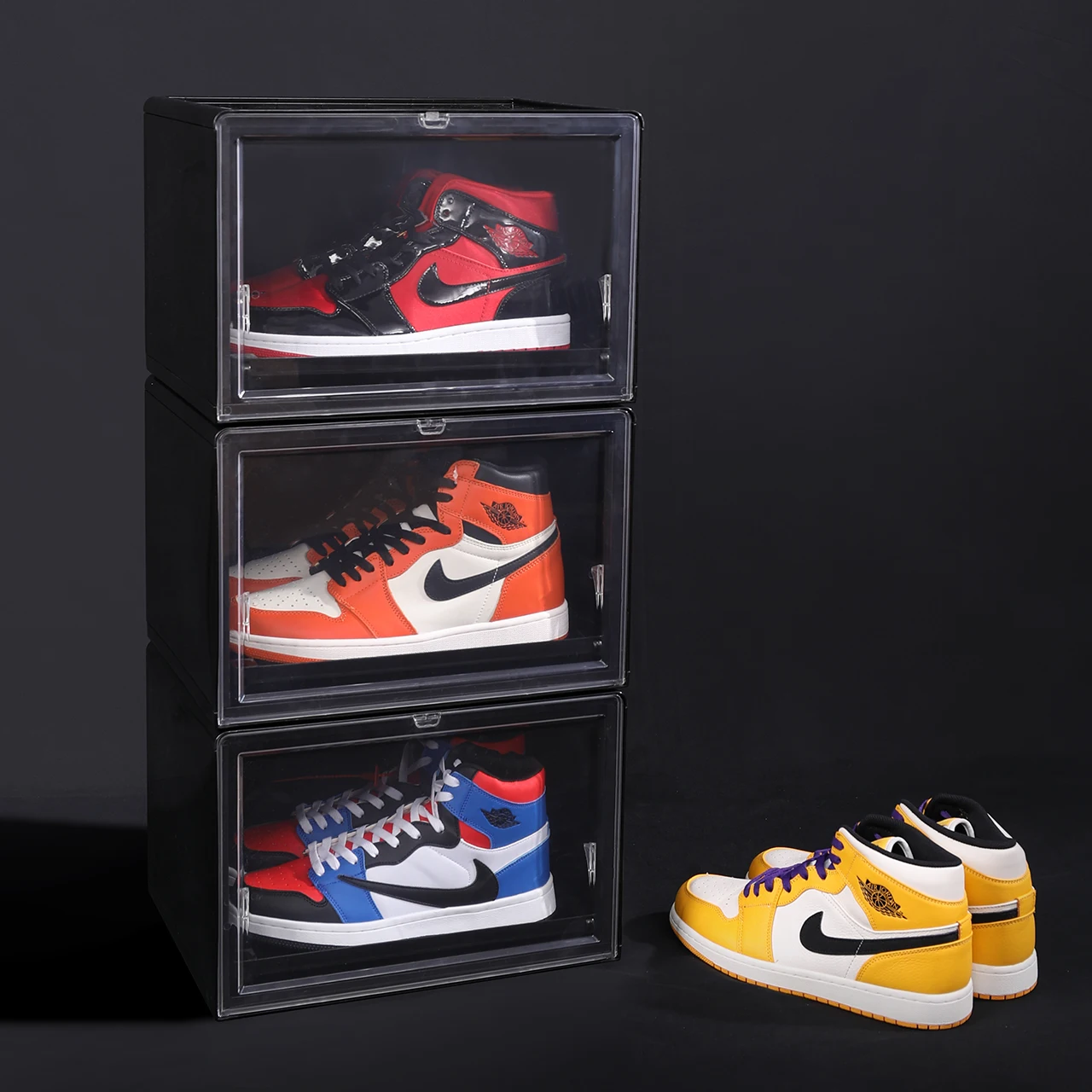 

Haixing side open drop door steady Transparent Stackable Shoes Use and custom acrylic organizer drawer luxury Shoe box, Black/red/transparent