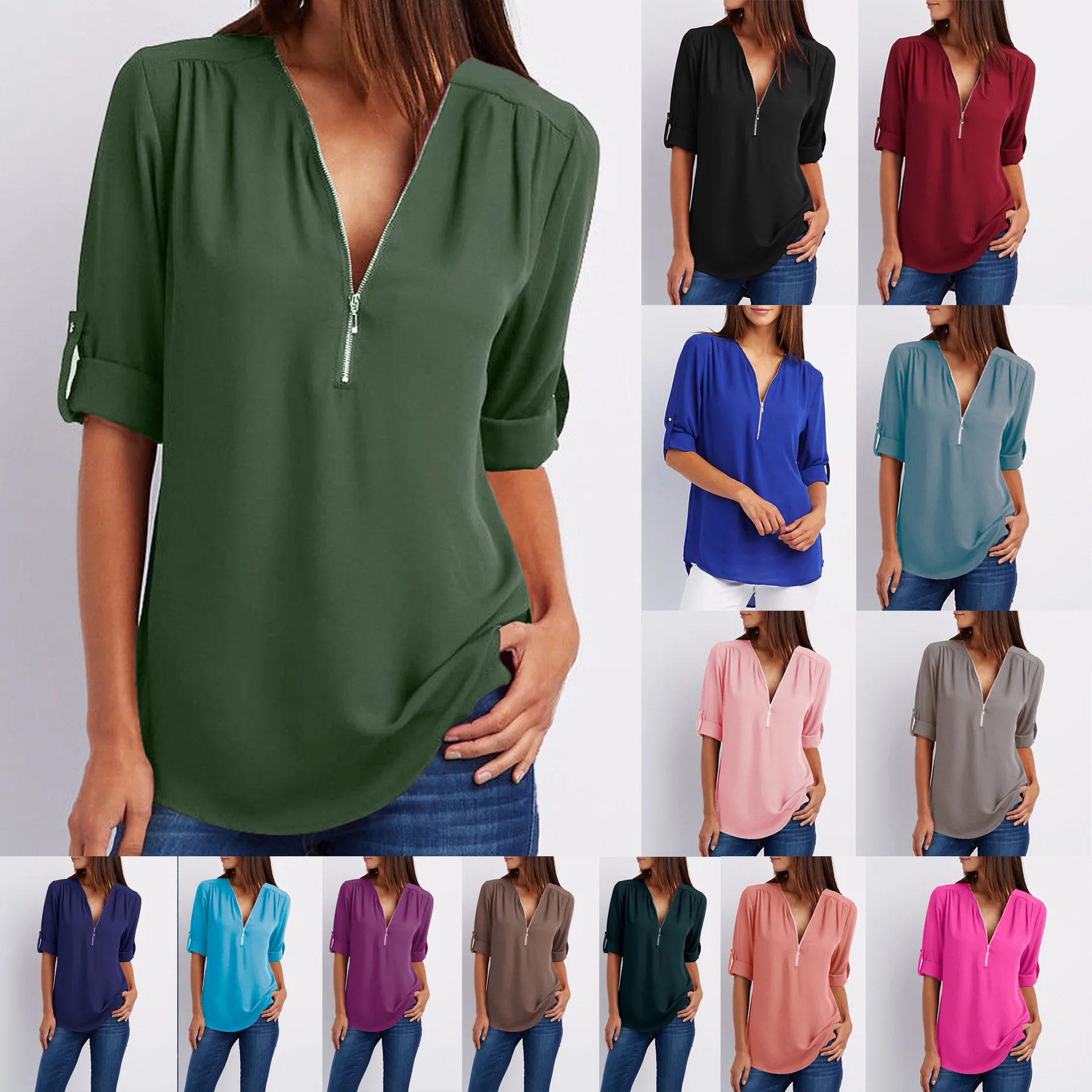 

Supplier wholesale Solid color Plus Size V-Neck Long Sleeve Chiffon Elegant Design women tops and blouse ladies Lady Shirt