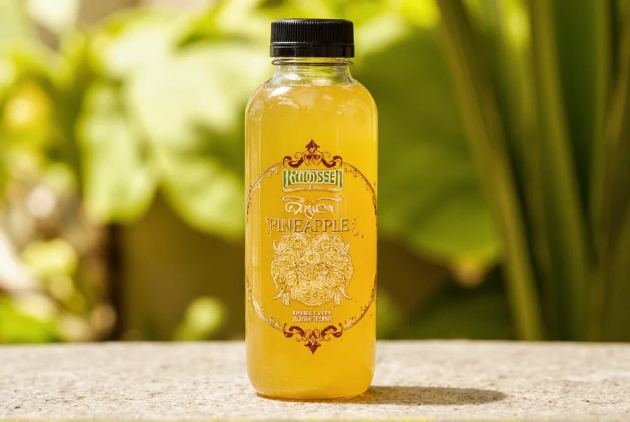 Close-up of Knudsen pineapple ginger bottle showing golden liquid against tropical background