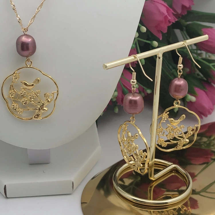 

Hawaiian fashion plated gold pearl pendant necklace earrings jewelry set for women